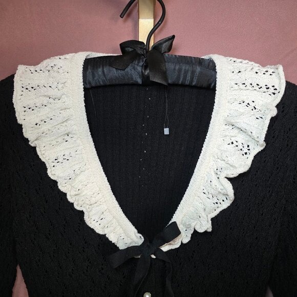 Zara Pointelle Mixed Ruffled Knit Cardigan Black/Cream L - Picture 3 of 11